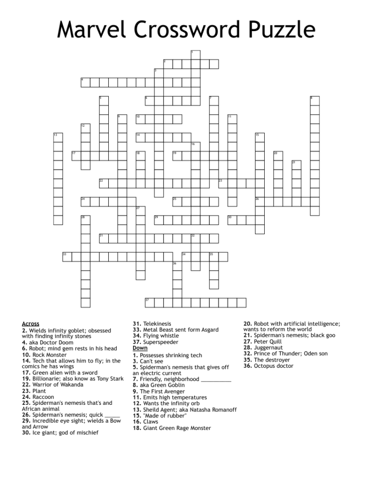 Marvel Crossword Puzzle WordMint