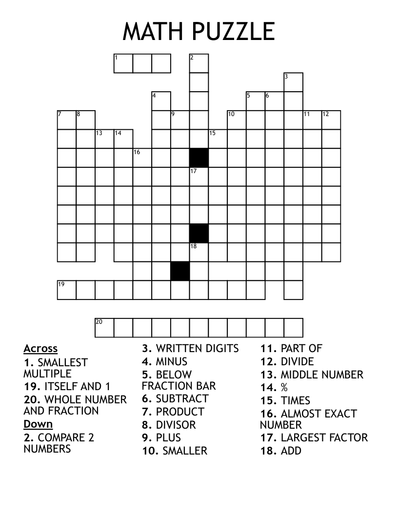 math crossword puzzle printable