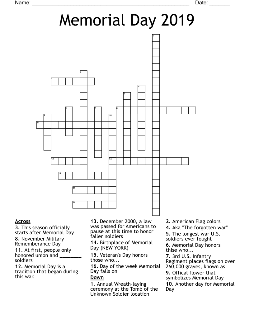 Memorial Day 2019 Crossword WordMint