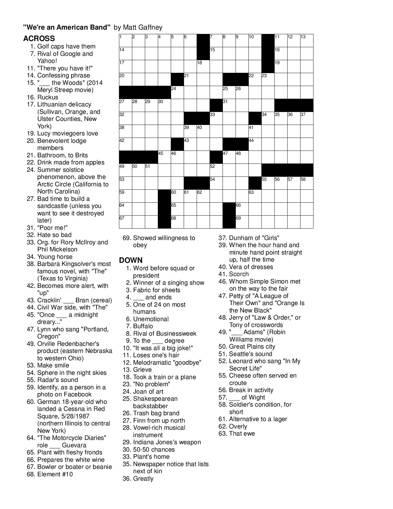 MGWCC 332 Friday October 10th 2014 We re An American Band Matt Gaffney s Weekly Crossword Contest
