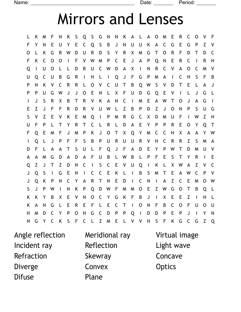 Mirrors And Lenses Word Search WordMint Worksheets Library