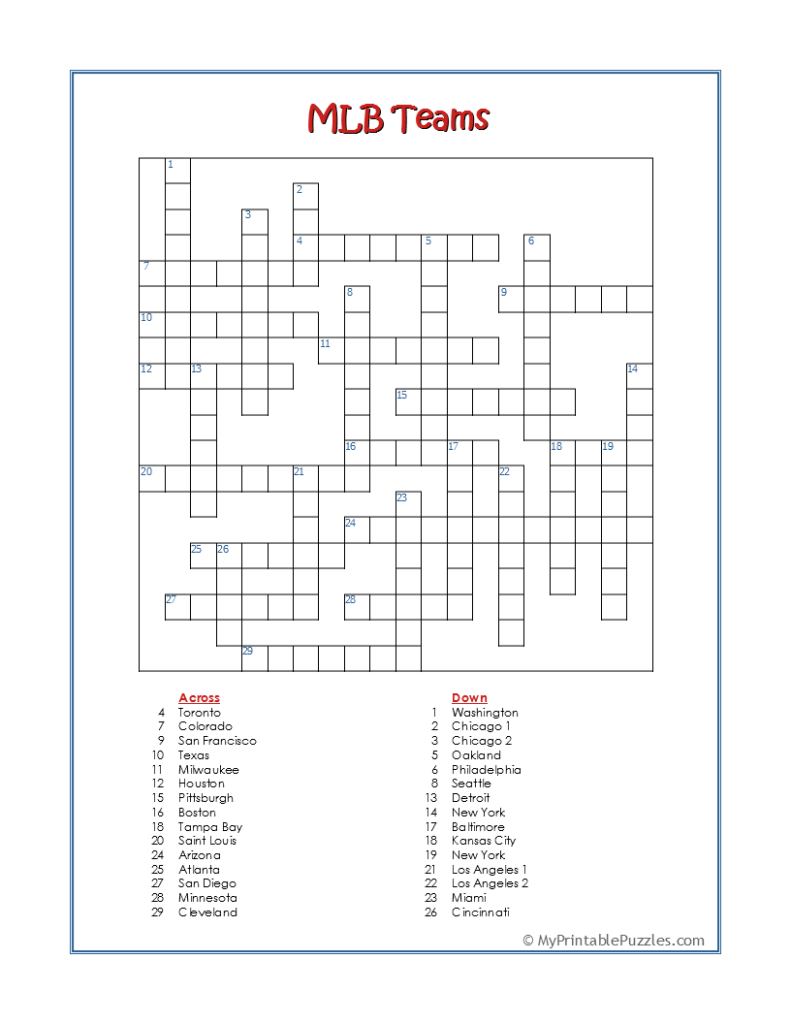 MLB Teams Crossword Puzzle My Printable Puzzles