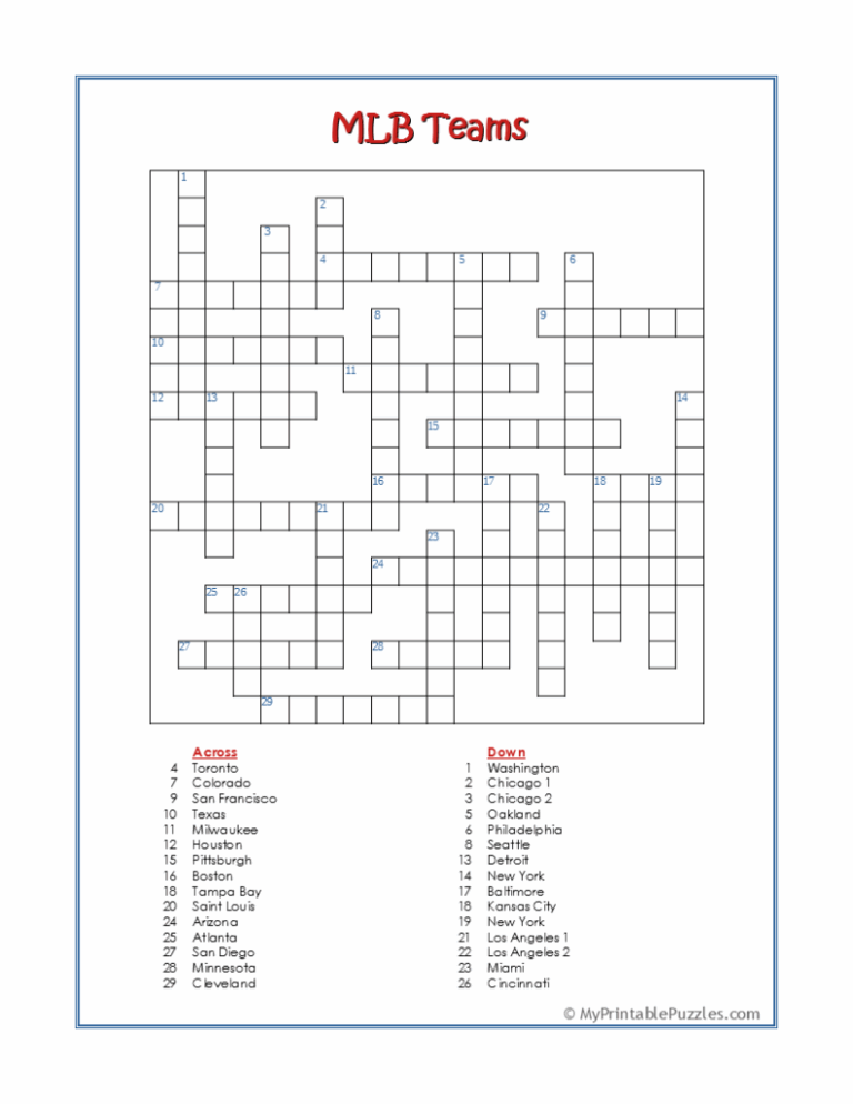 MLB Teams Crossword Puzzle My Printable Puzzles