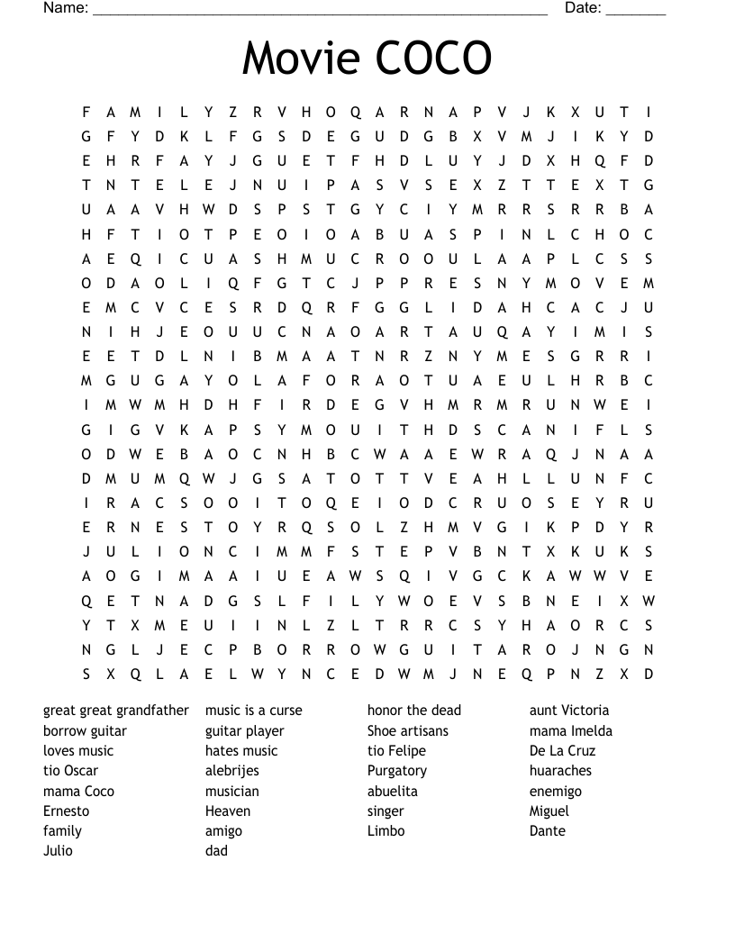 Movie COCO Word Search WordMint Movie COCO Word Search WordMint
