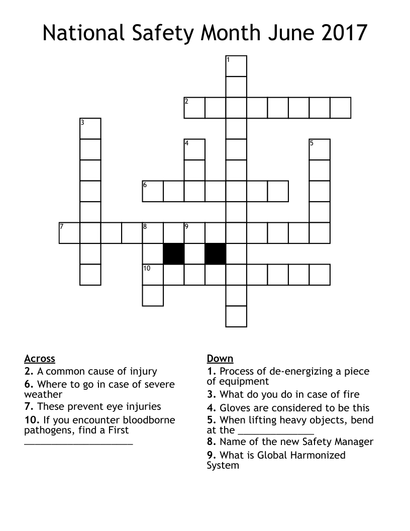 National Safety Month June 2017 Crossword WordMint