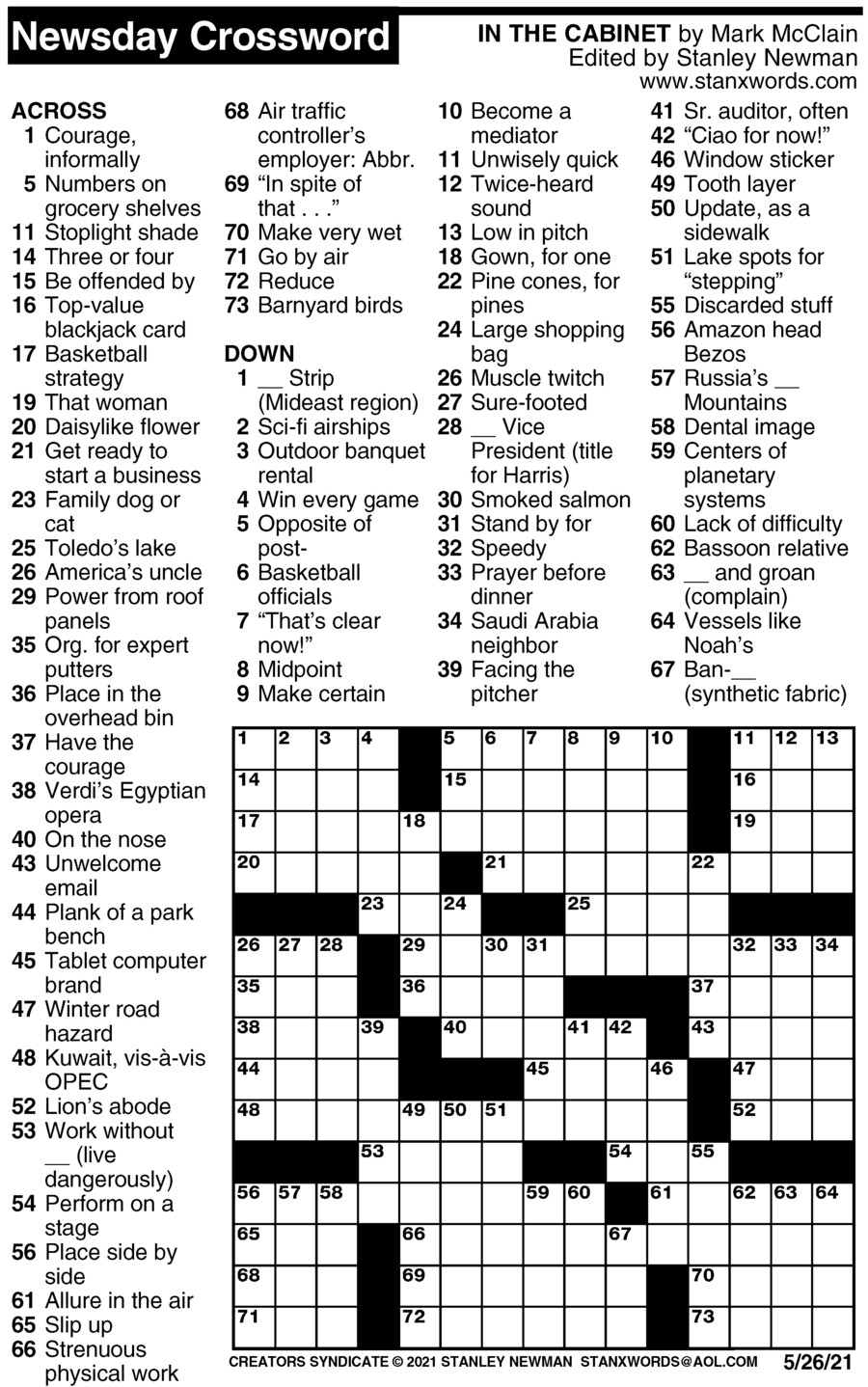Newsday Crossword Puzzle For May 26 2021 By Stanley Newman Creators Syndicate