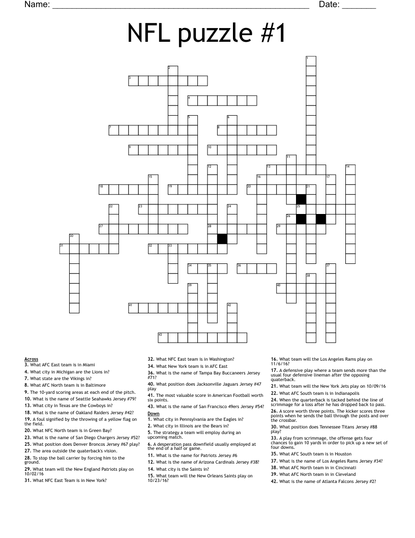 NFL Puzzle 1 Crossword WordMint