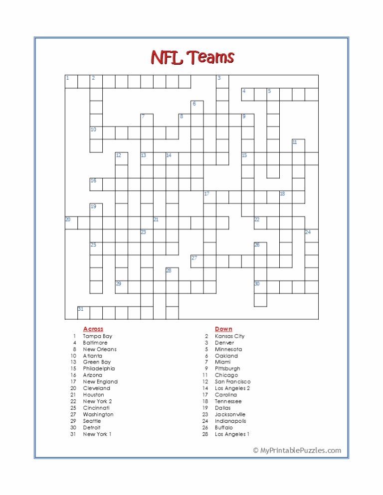 NFL Teams Crossword Puzzle My Printable Puzzles