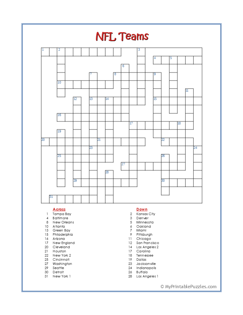 NFL Teams Crossword Puzzle My Printable Puzzles