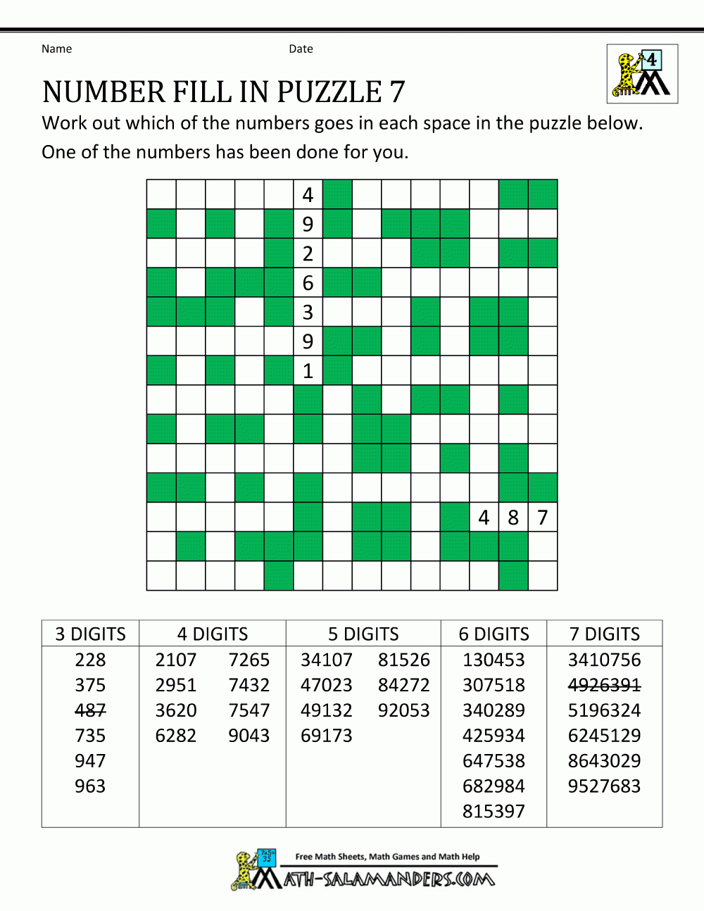 Number Fill In Puzzles Number Fill In Puzzles
