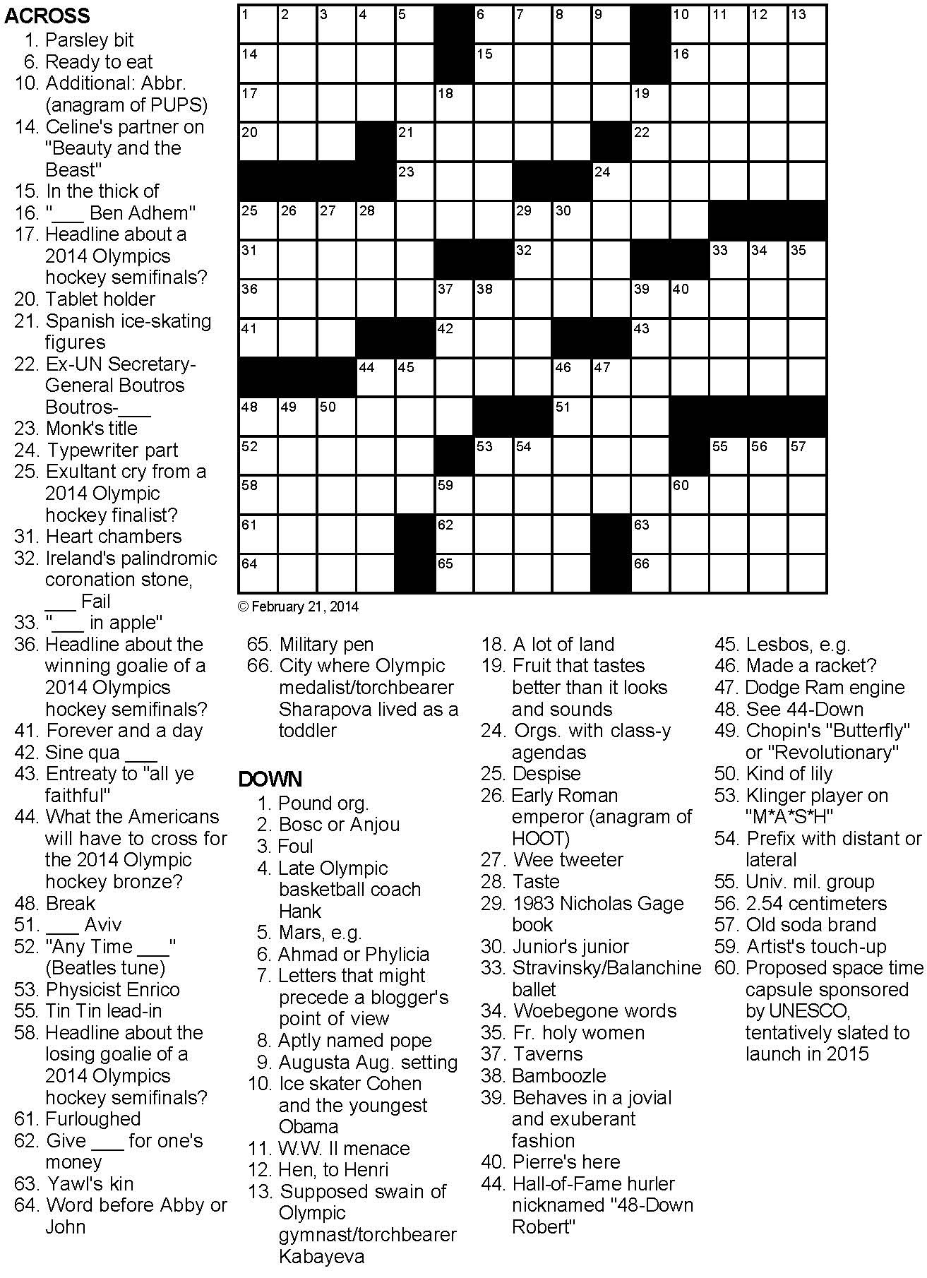 Olympic Hockey Shticks Crossword Puzzle