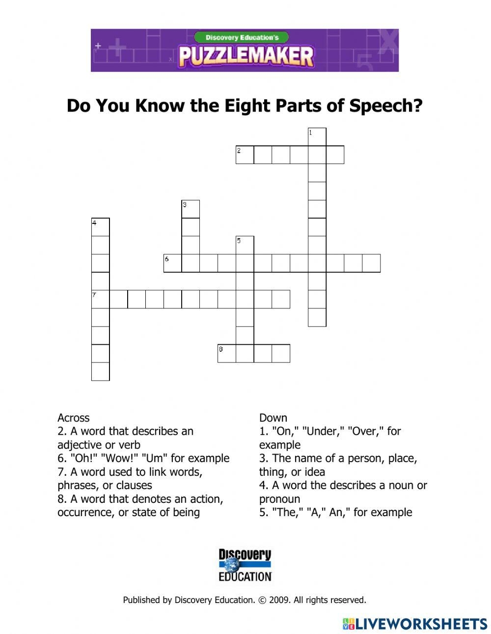 Parts Of Speech Crossword Puzzle Teaching Resources Worksheets Library