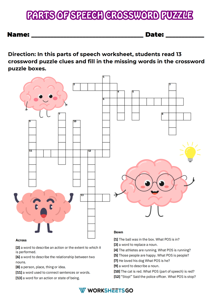 parts of speech crossword puzzle printable
