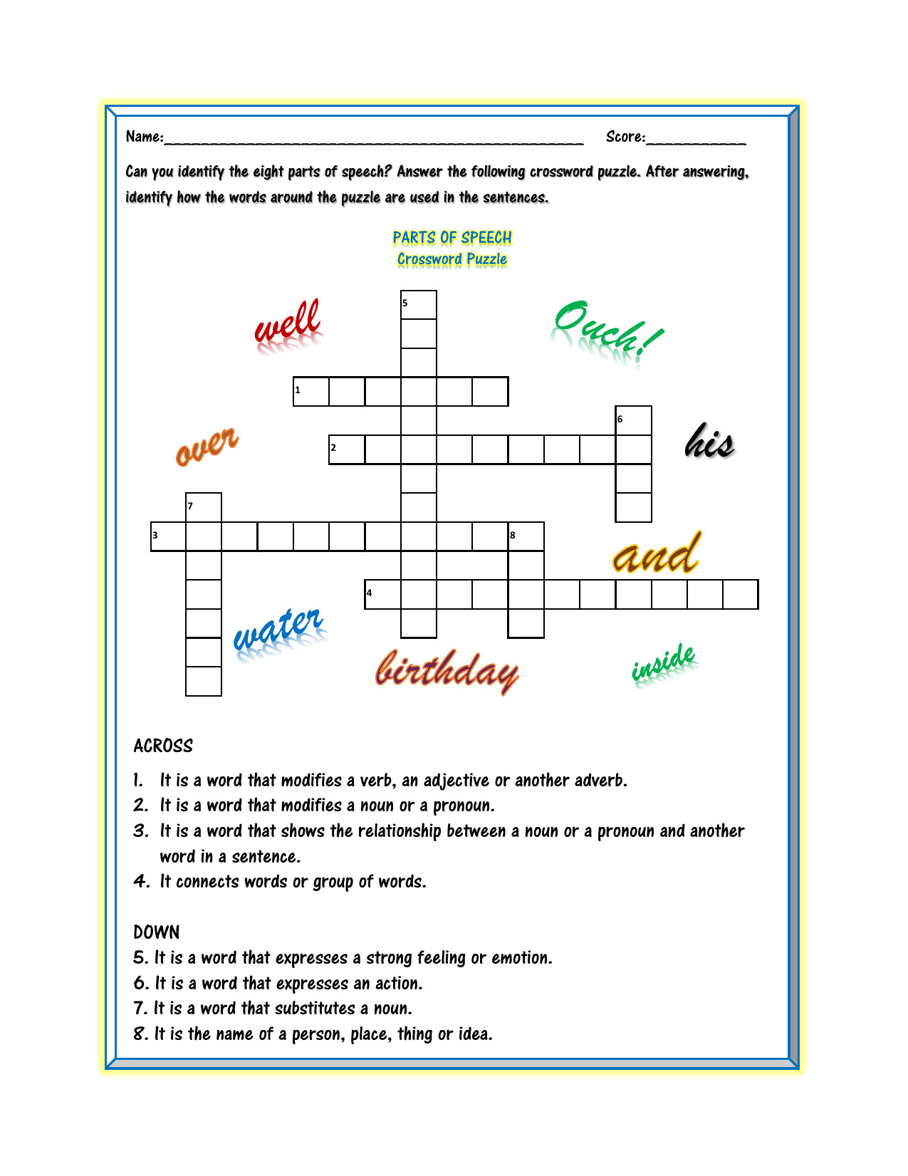 Parts Of Speech Worksheet Crossword Identification