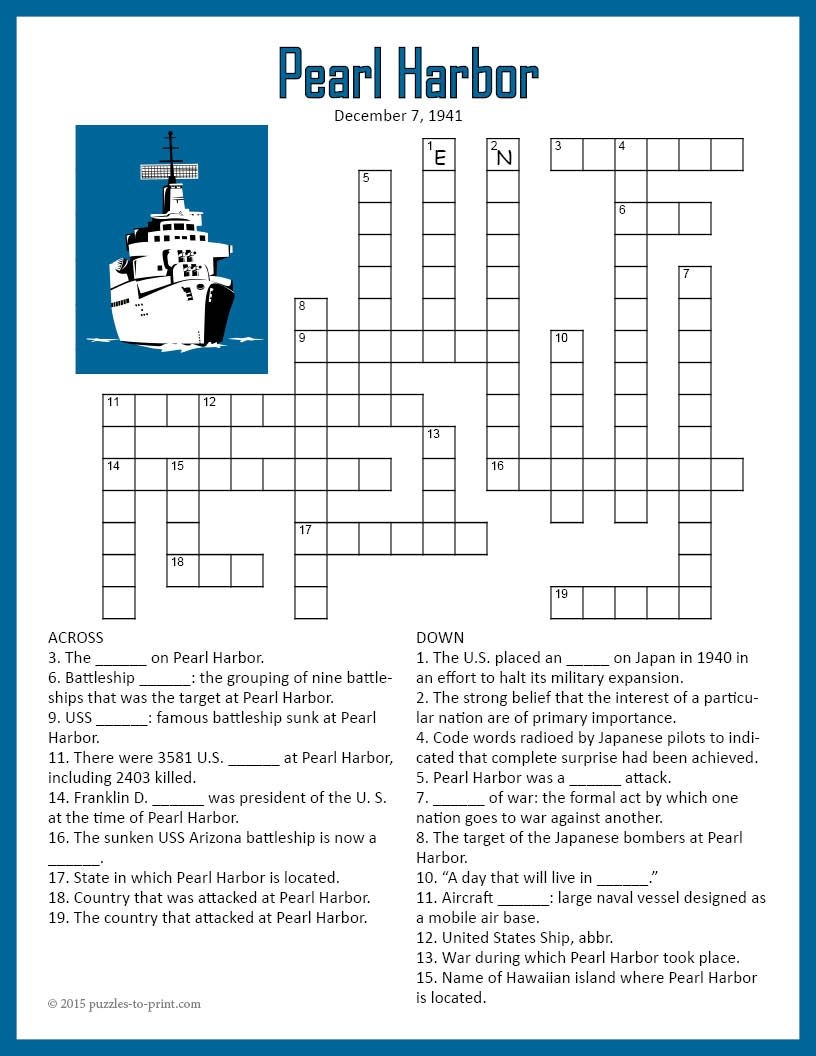 PEARL HARBOR Crossword Puzzle Worksheet Activity WWII History Bell Ringer Pearl Harbor Printable Worksheets Pearl Harbor Day
