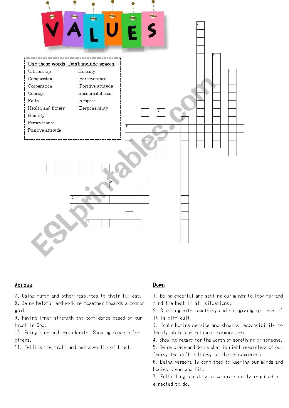 printable moral values crossword puzzle