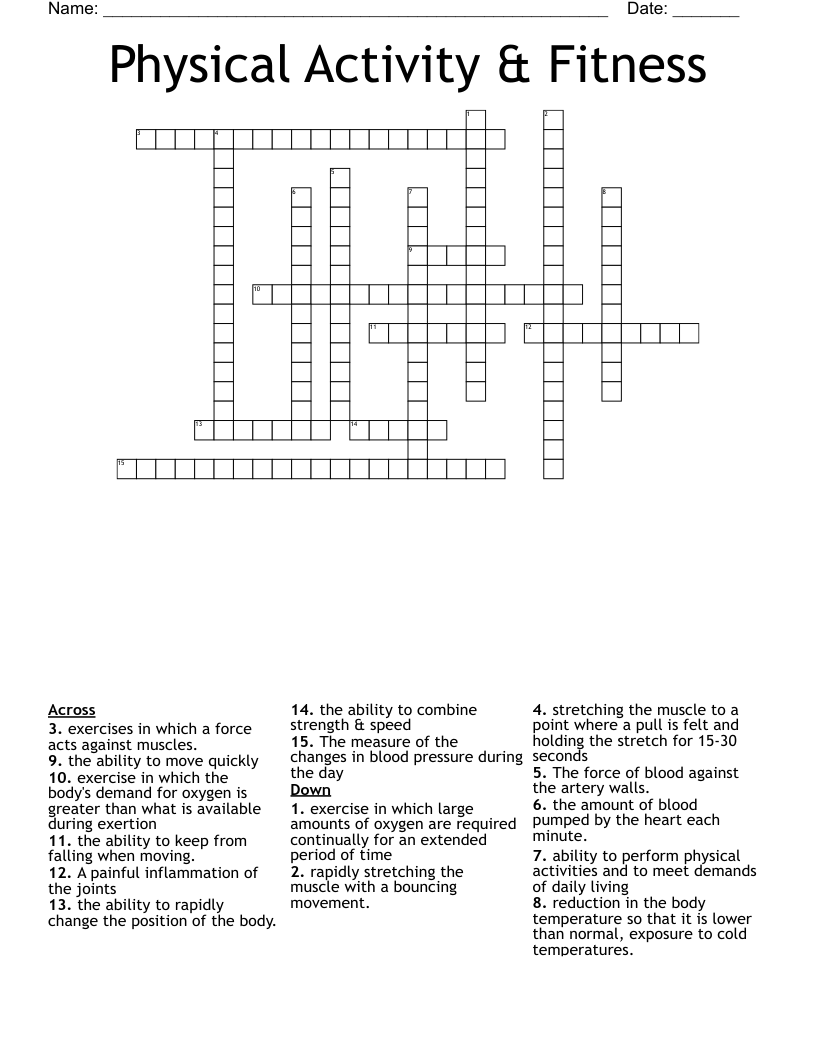 Physical Activity Fitness Crossword WordMint