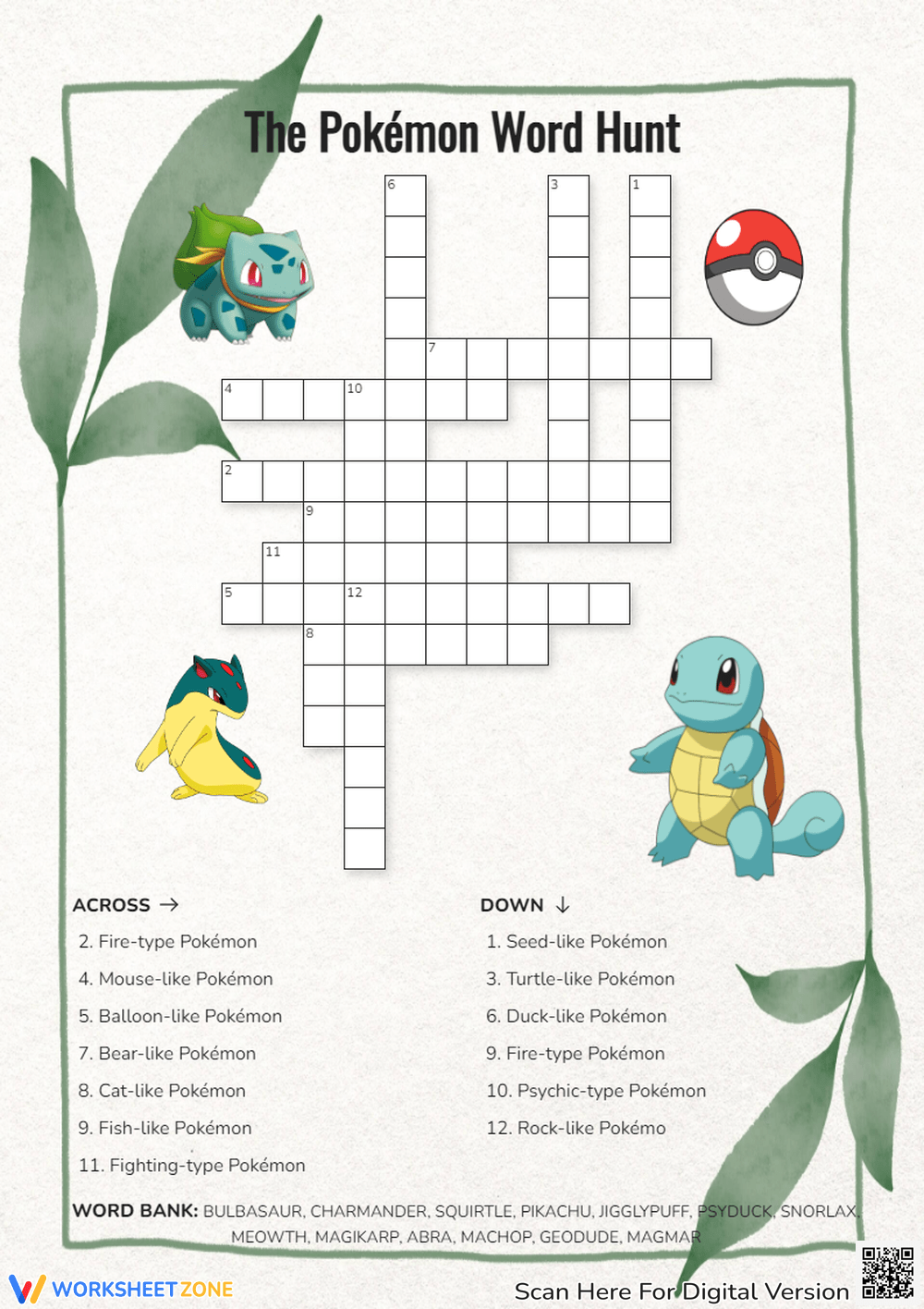 Pokemon Crossword Puzzle Worksheets Printable