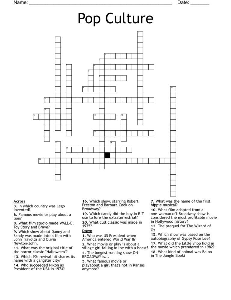 Pop Culture Crossword WordMint