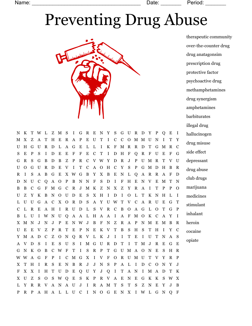 Preventing Drug Abuse Word Search WordMint