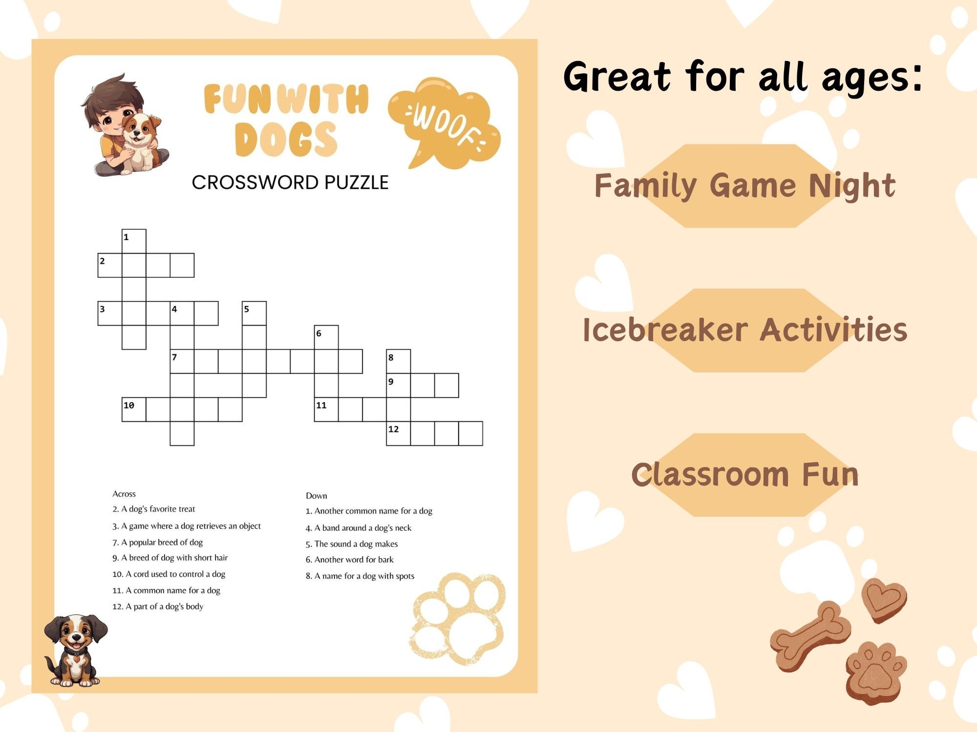Printable Dog themed Crossword Puzzle Canine Brain Teaser W answers Family Friendly Game Kids And Adult Wordplay Fun PDF File Digital Etsy