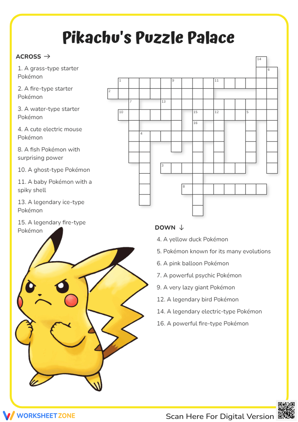 Printable Grade 1 Pokemon Crossword Puzzle Worksheets Download