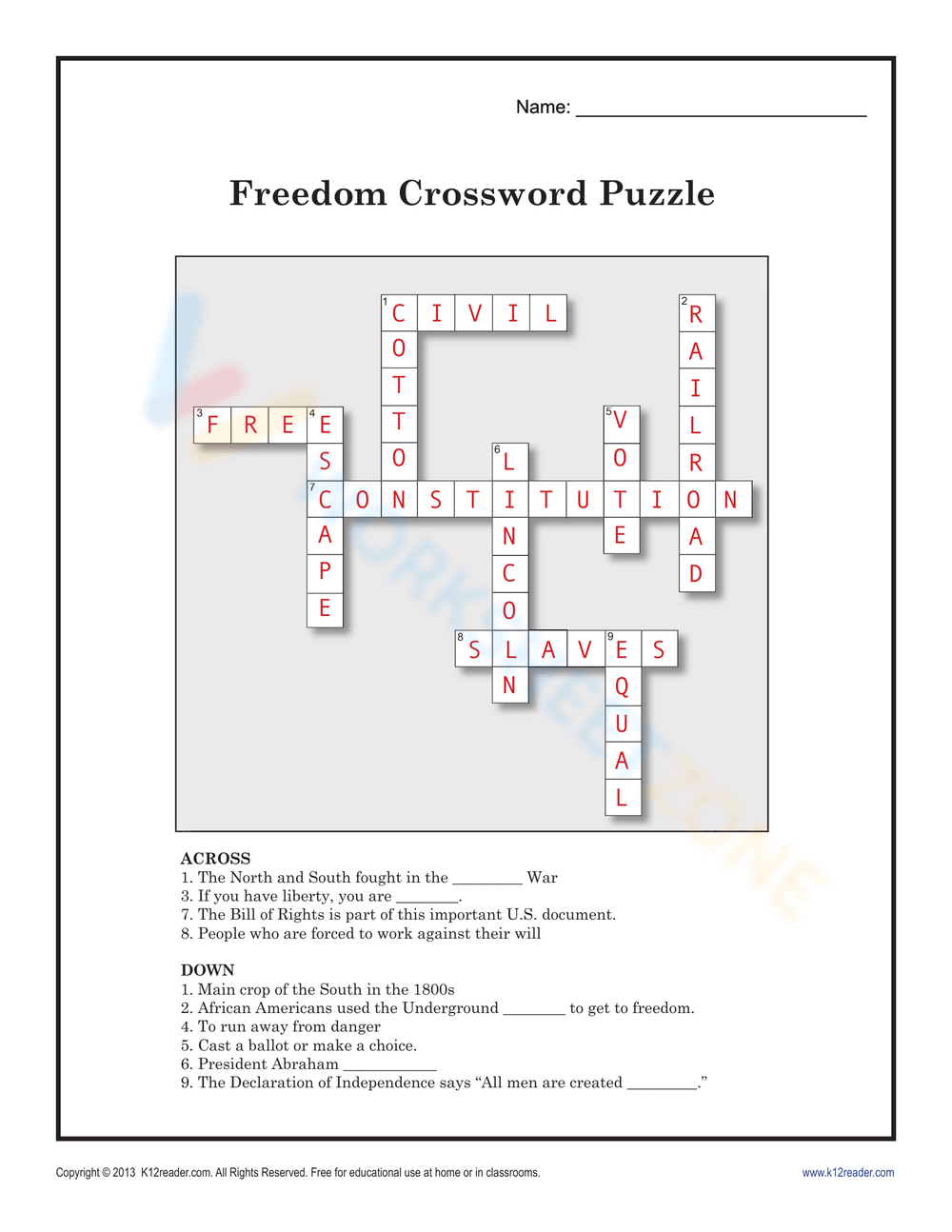 9th grade crossword puzzle printable