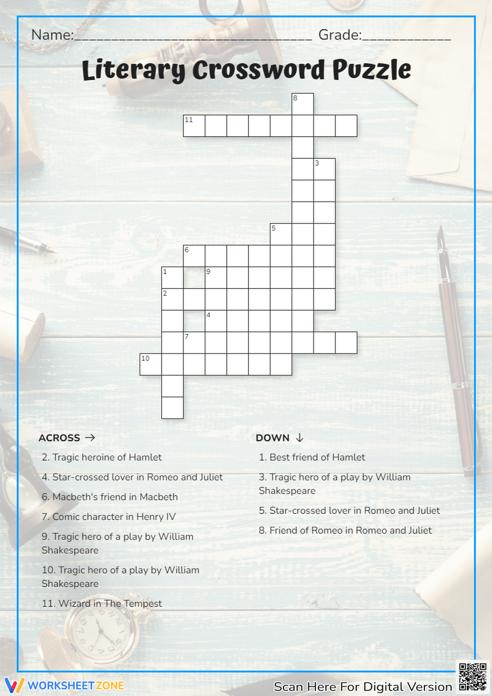 Printable Literary Crossword Puzzle Worksheets