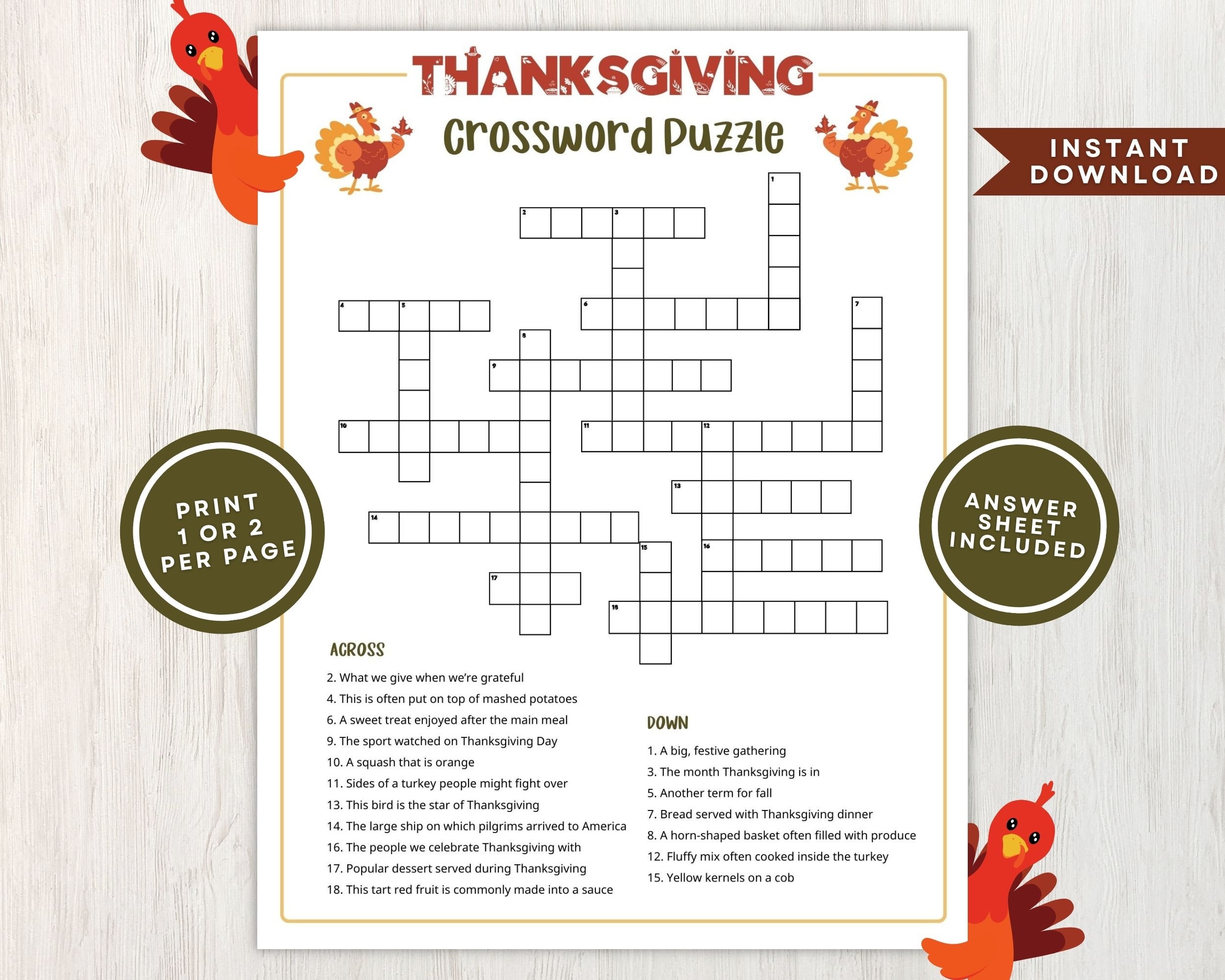 free printable crossword puzzles thanksgiving