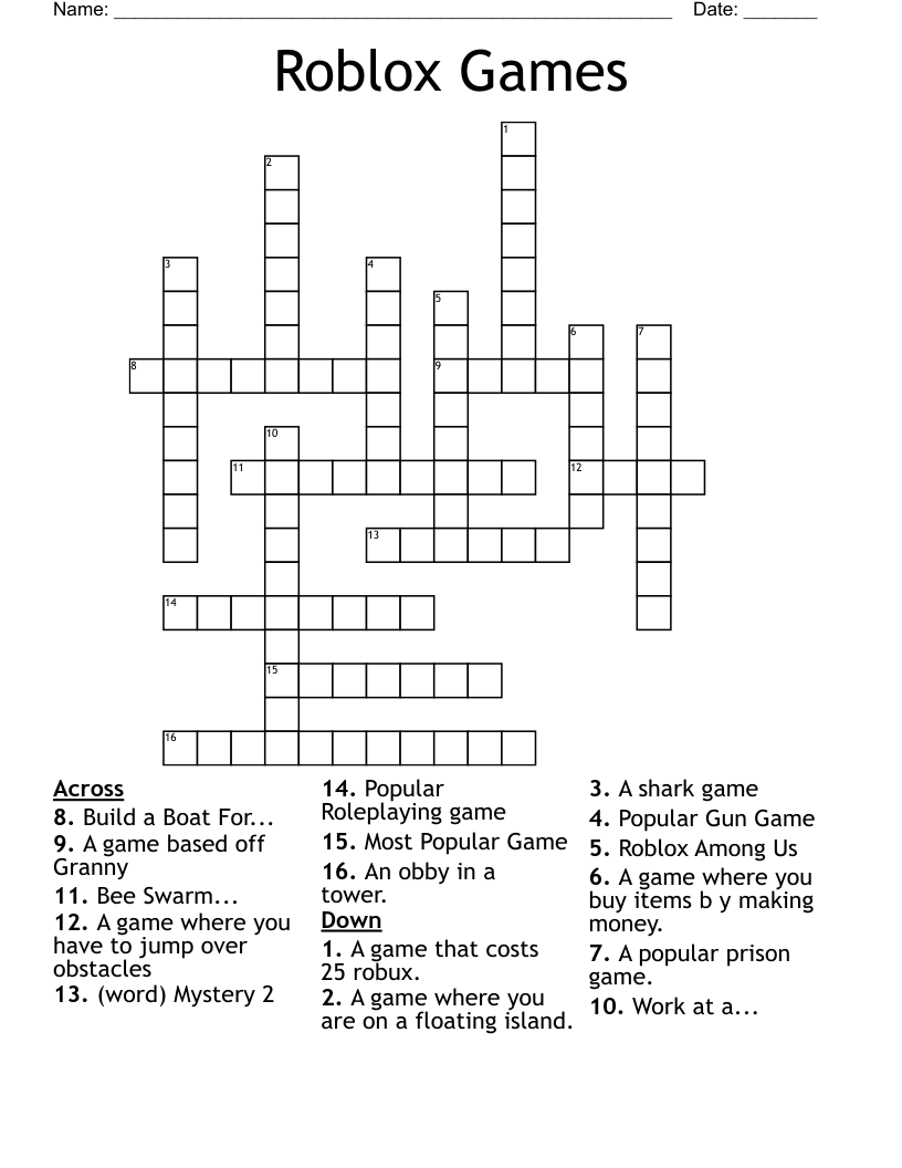 Roblox Games Crossword WordMint