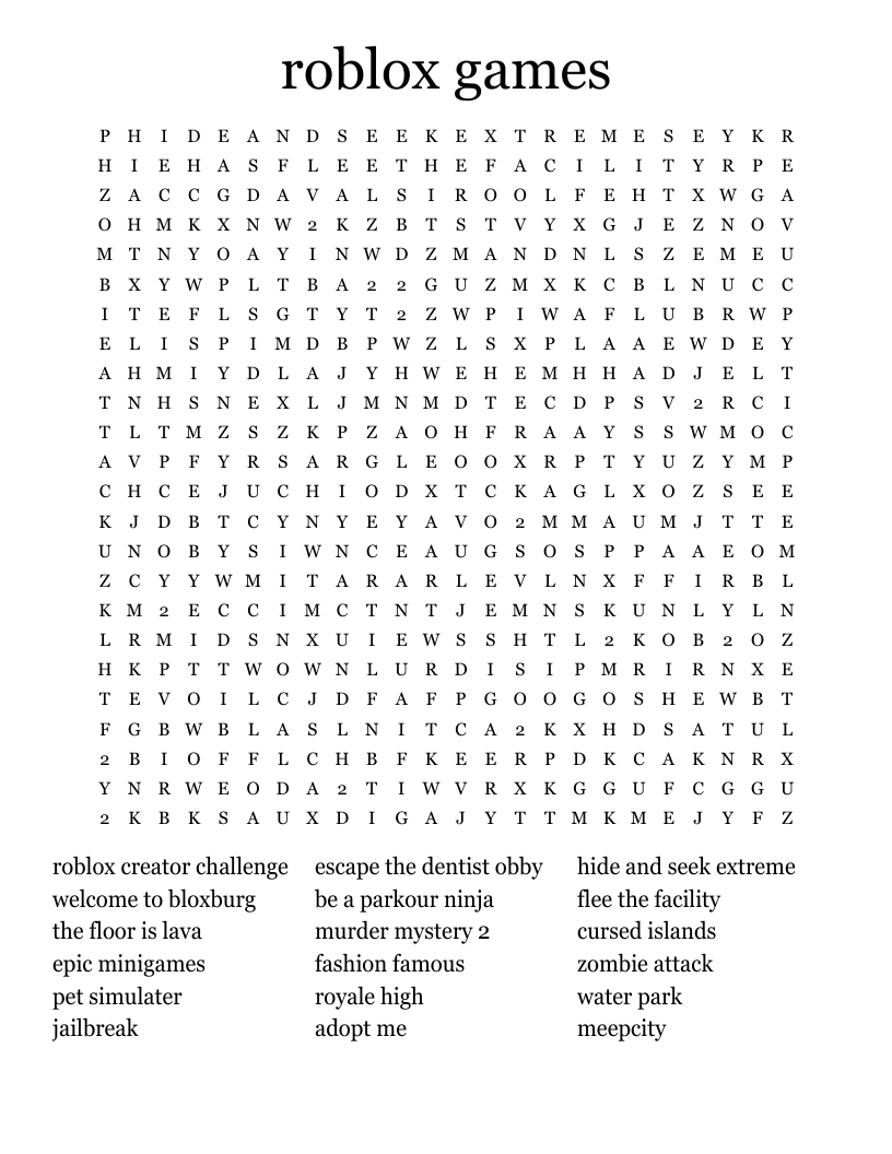 roblox crossword puzzle printable