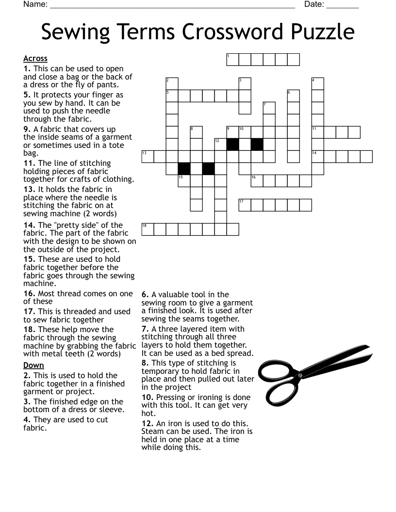 Sewing Terms Crossword Puzzle WordMint