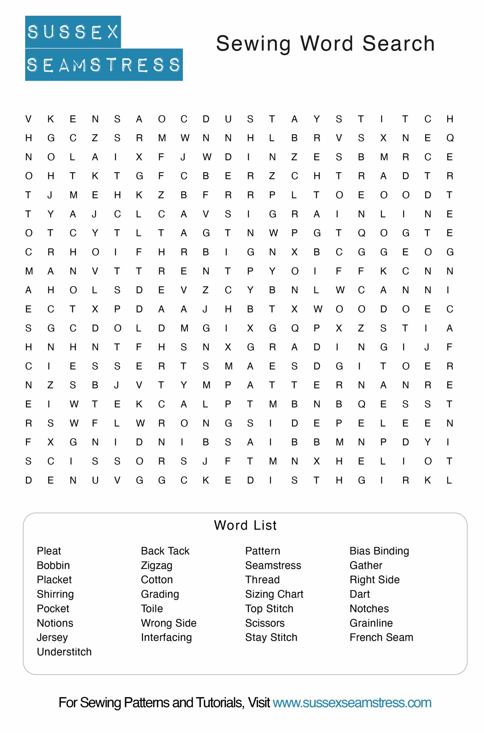 Sewing Word Search Printable PDF Sussex Seamstress Sewing Patterns