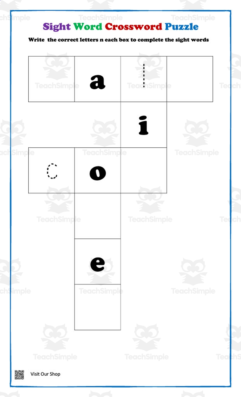 Sight Word Crossword Puzzle By Teach Simple