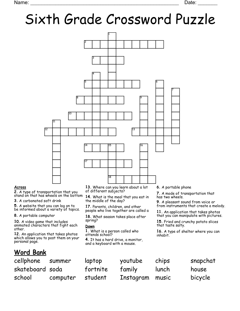 Sixth Grade Crossword Puzzle WordMint