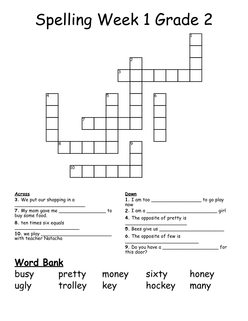 crossword puzzles for grade 2 printable
