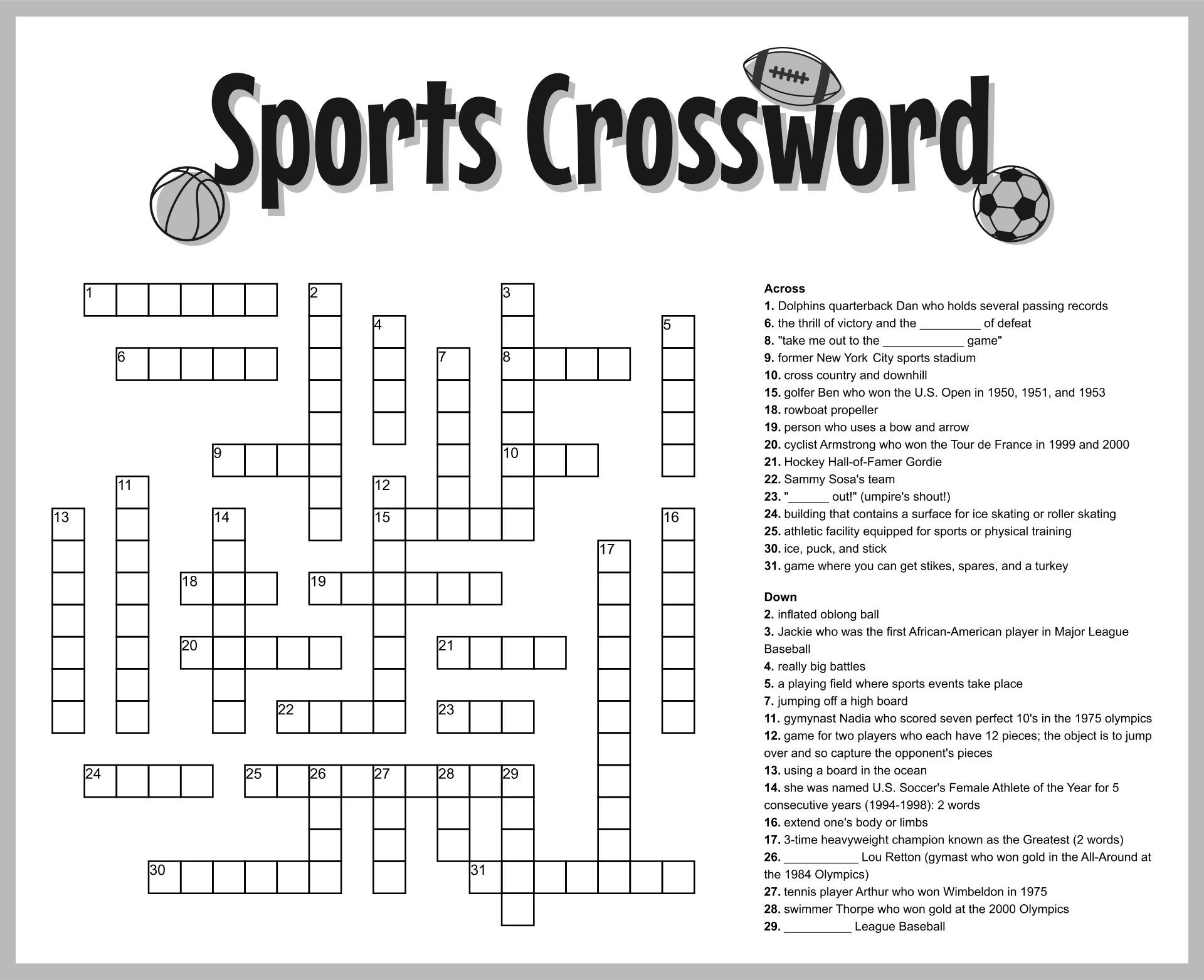 Sports Crossword Puzzles For Word Play Fun Worksheets Library