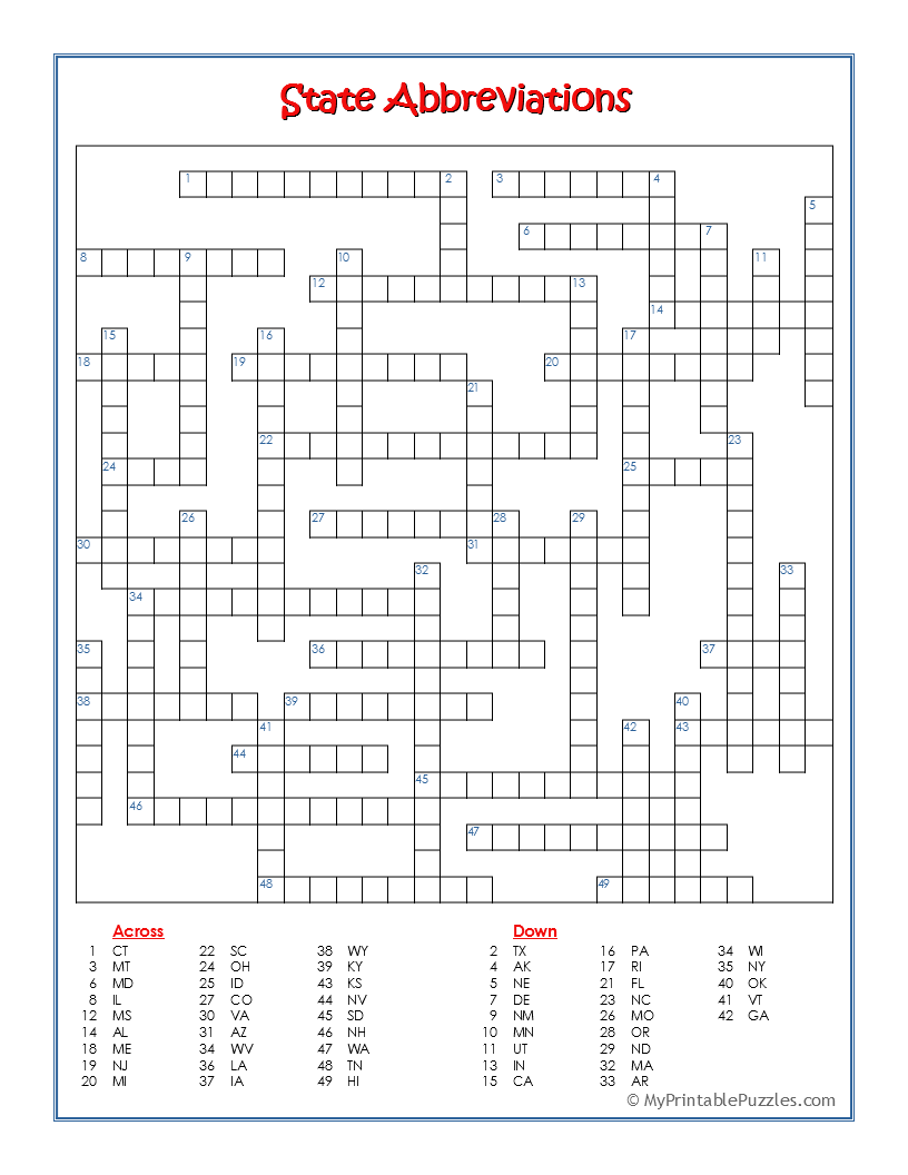 State Abbreviations Crossword Puzzle My Printable Puzzles