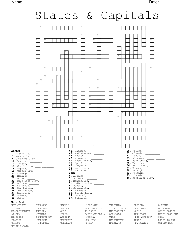 States Capitals Crossword WordMint