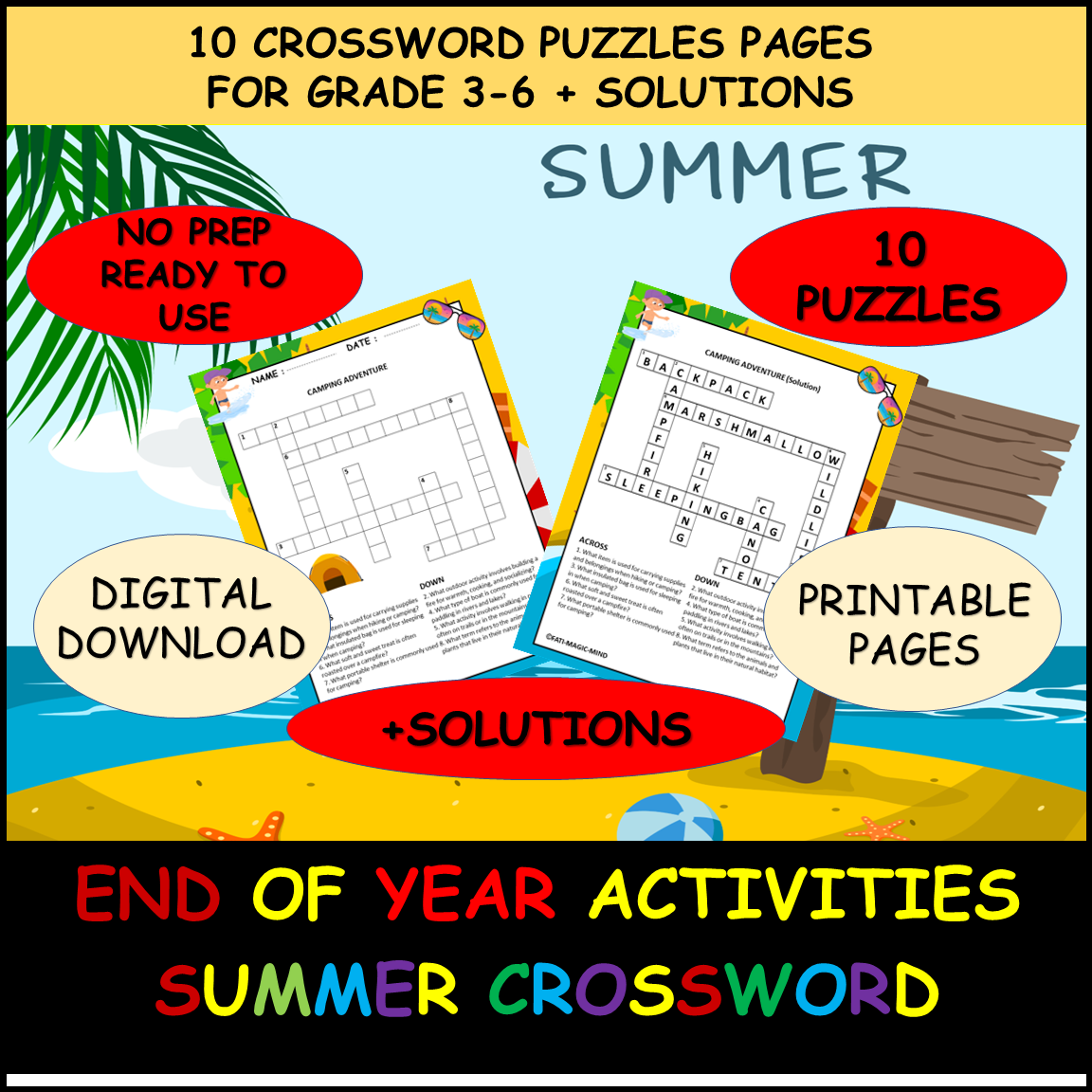 Summer Crossword Puzzle 10 Fun End Of The Year Activities Grd3 6 Printable Pages Made By Teachers