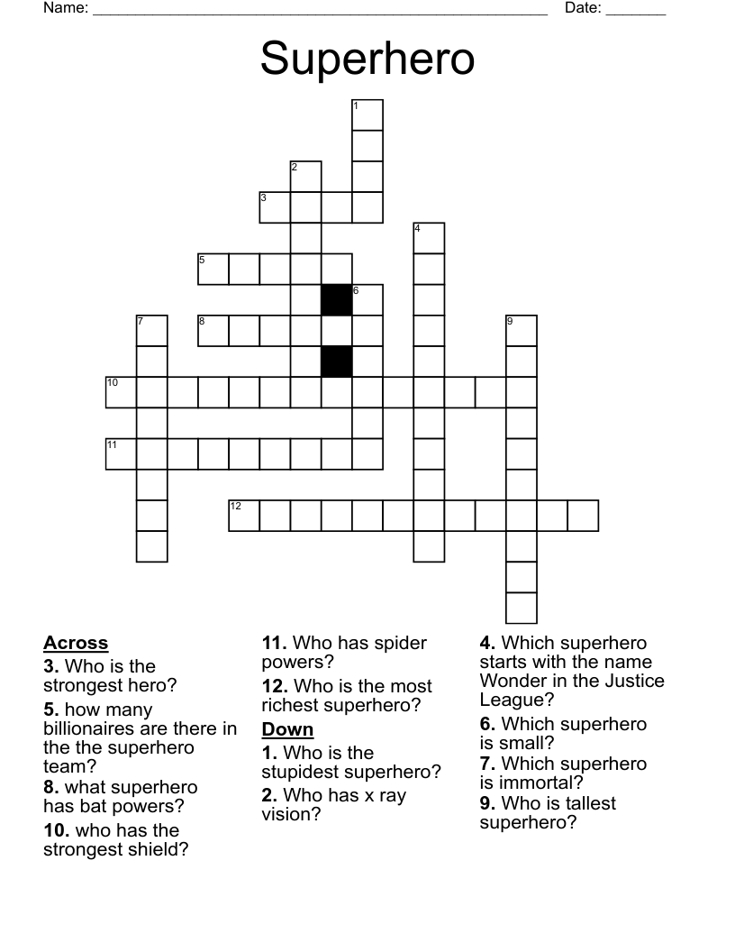 Superhero Crossword WordMint
