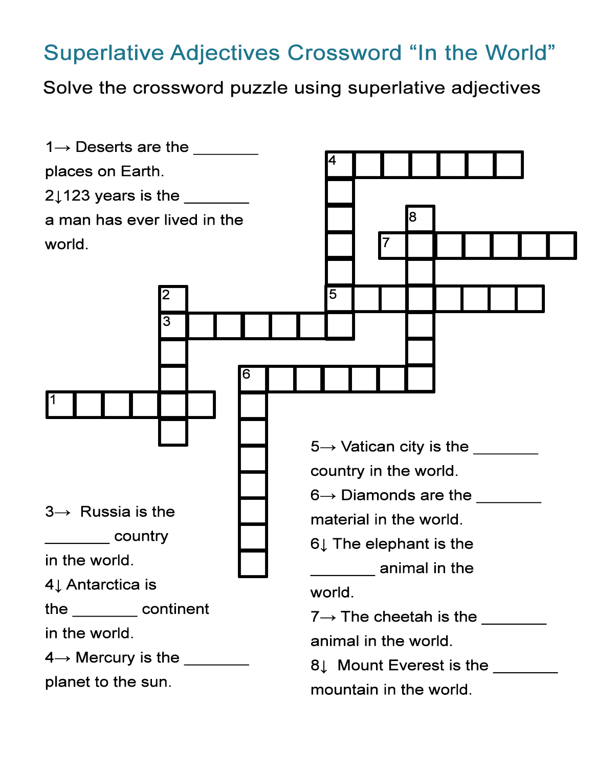 Superlative Adjectives Crossword Puzzle ALL ESL