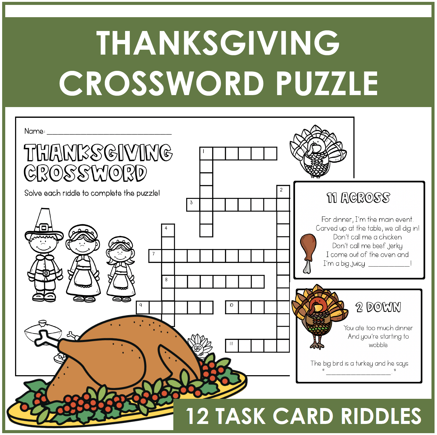 Thanksgiving Crossword Puzzle And Task Cards Markers Minions