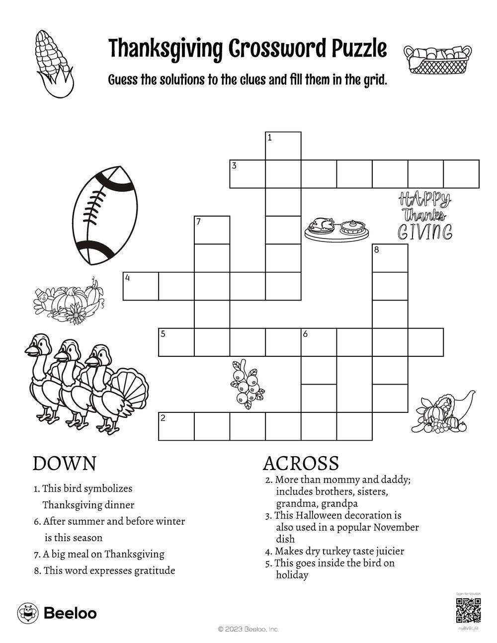 Thanksgiving Crossword Puzzle Beeloo Printable Crafts And Activities For Kids