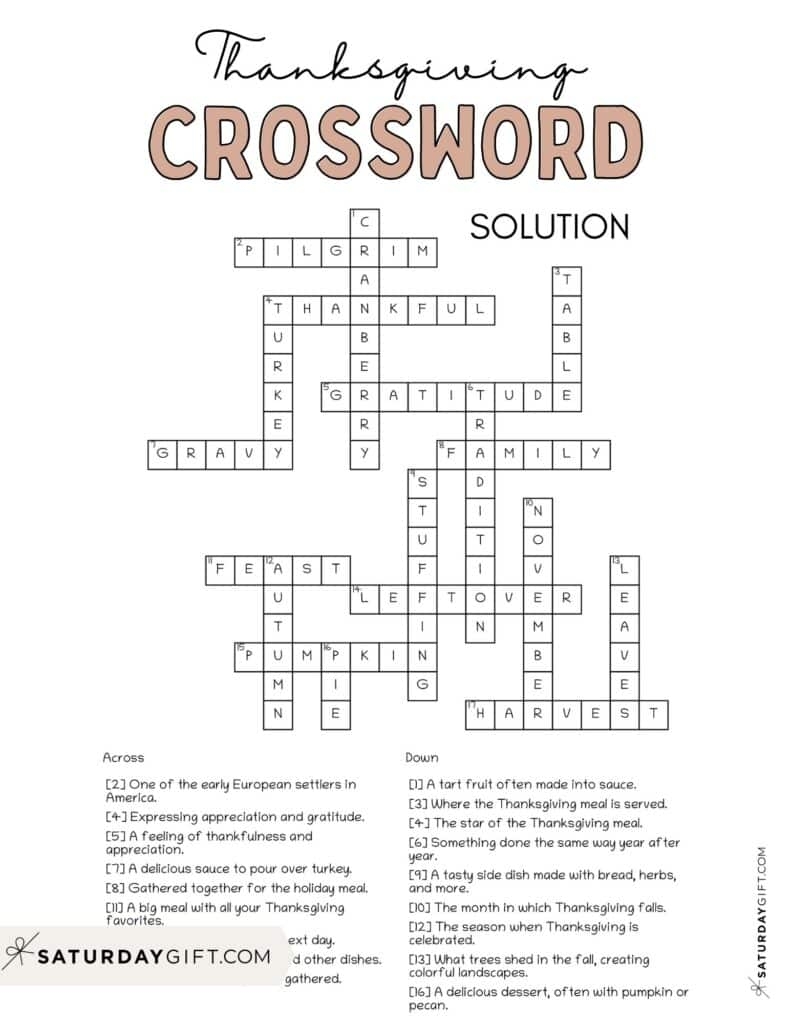 free thanksgiving crossword puzzles printable