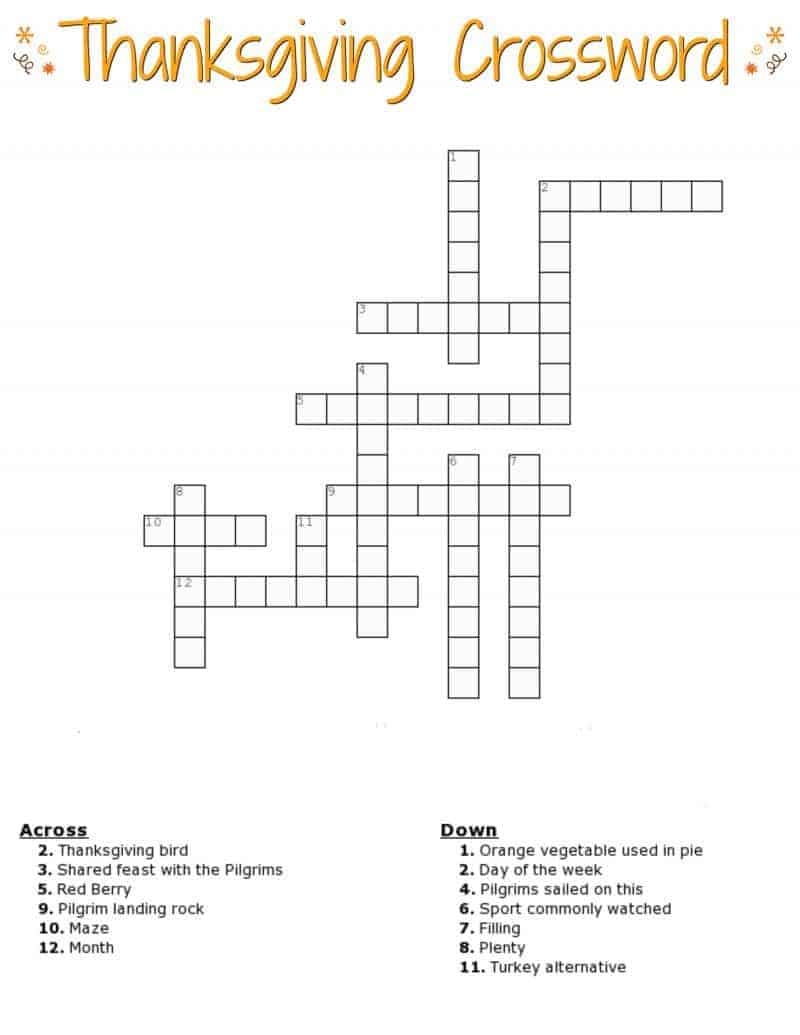 thanksgiving crossword puzzles printable