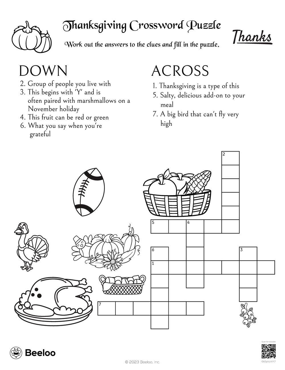 Thanksgiving themed Crossword Puzzles Beeloo Printable Crafts And Activities For Kids