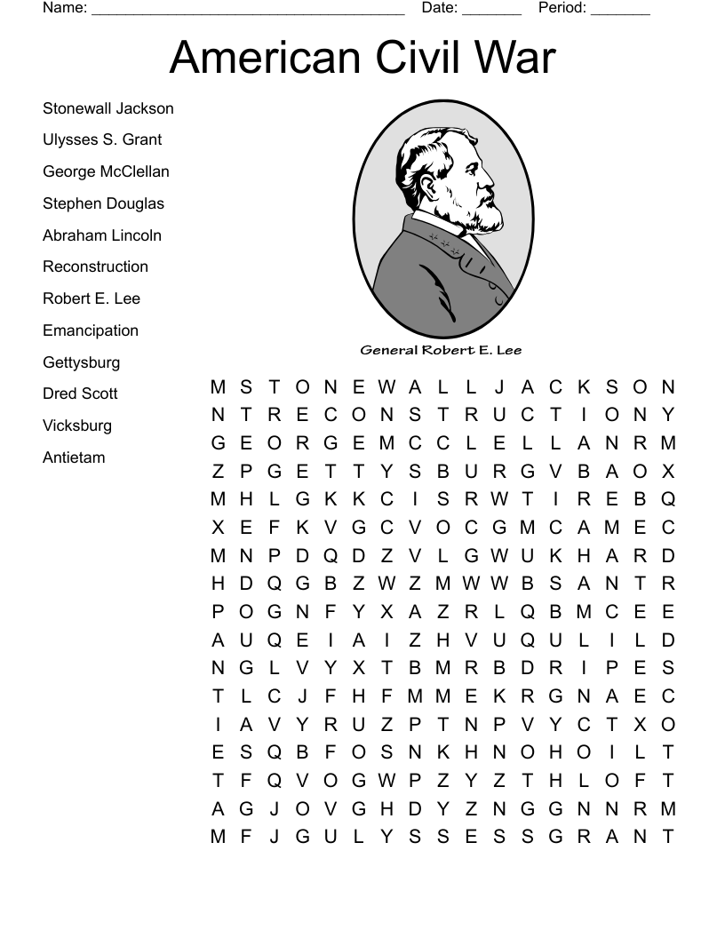civil war crossword puzzle printable