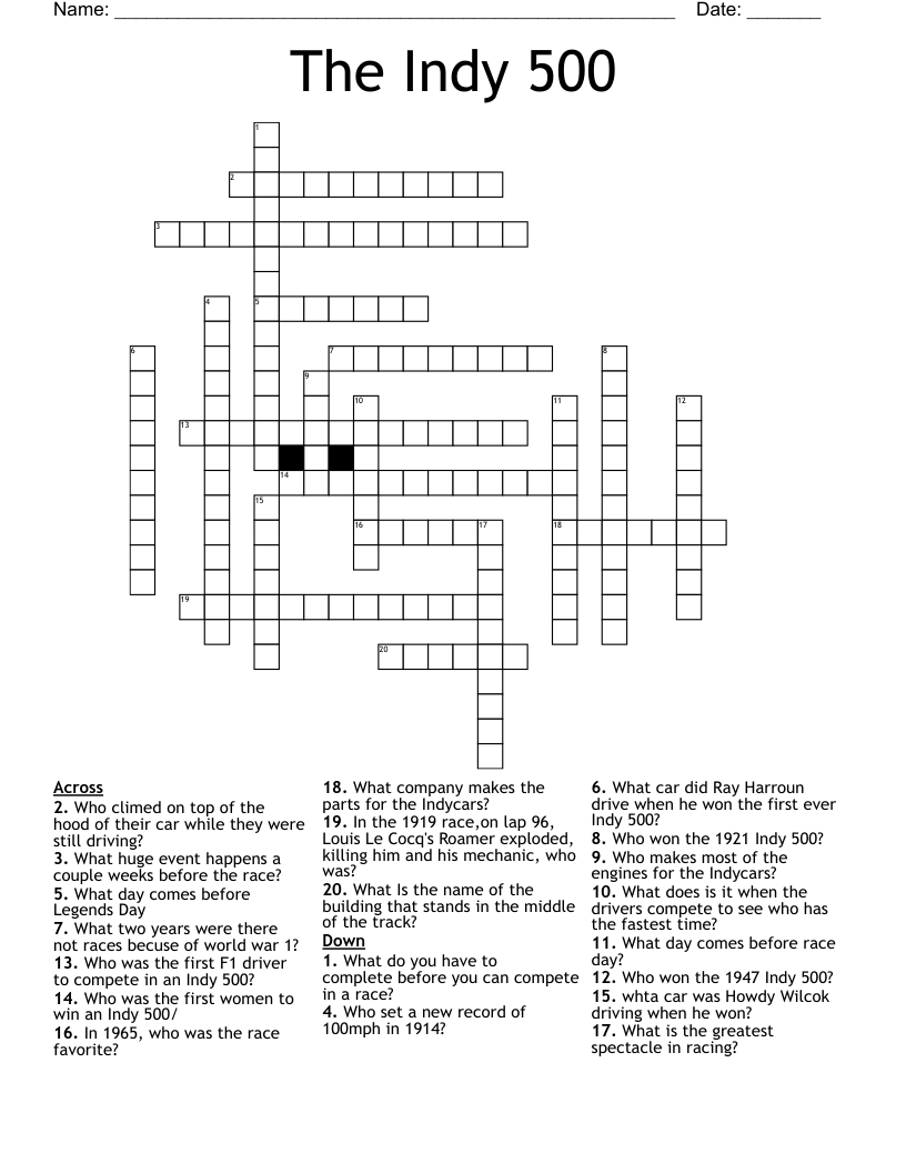 The Indy 500 Crossword WordMint Worksheets Library