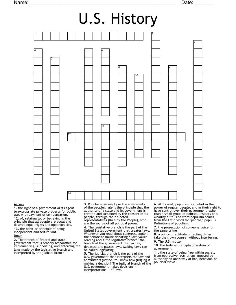 U S History Crossword WordMint